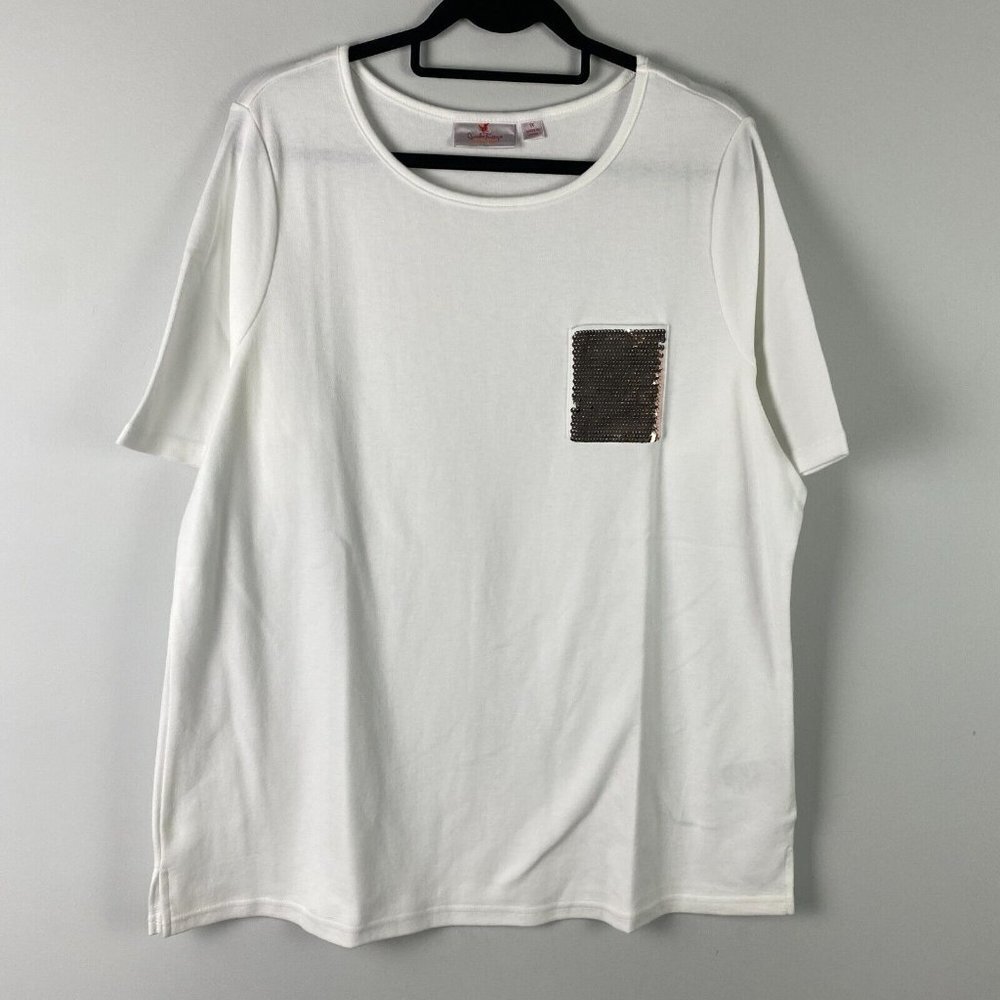 Quacker Factory Gold Sequin Pocket T Shirt Size 1X White Short Sleeve